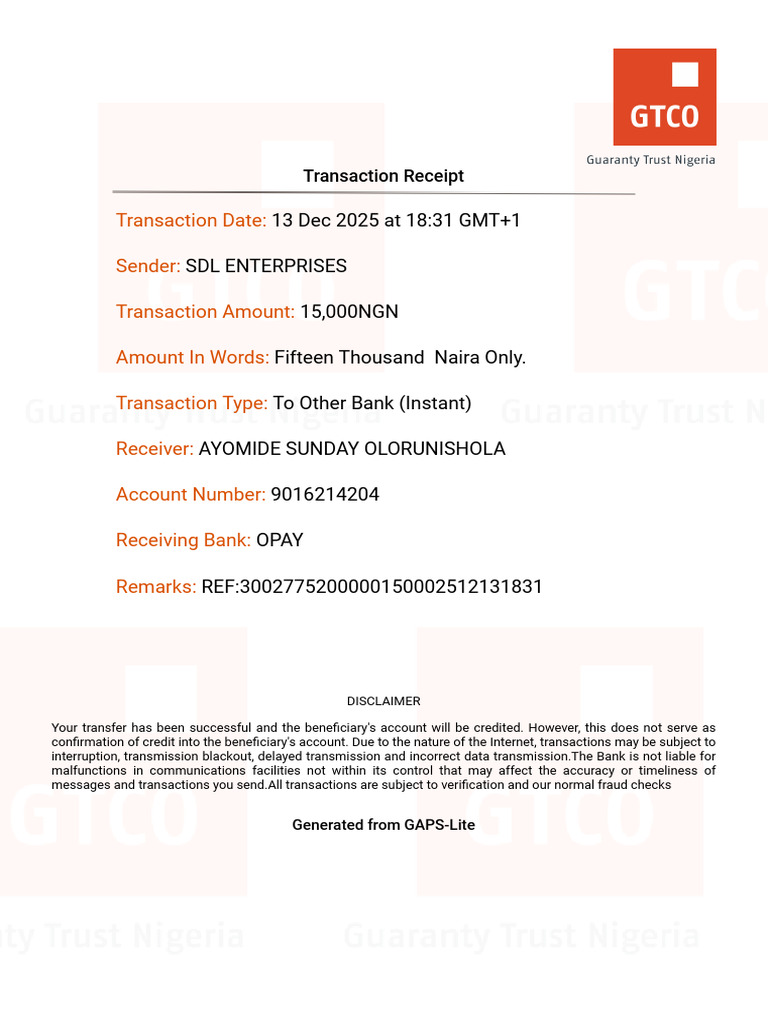 Transaction Receipt for 15,000 NGN Transfer | PDF