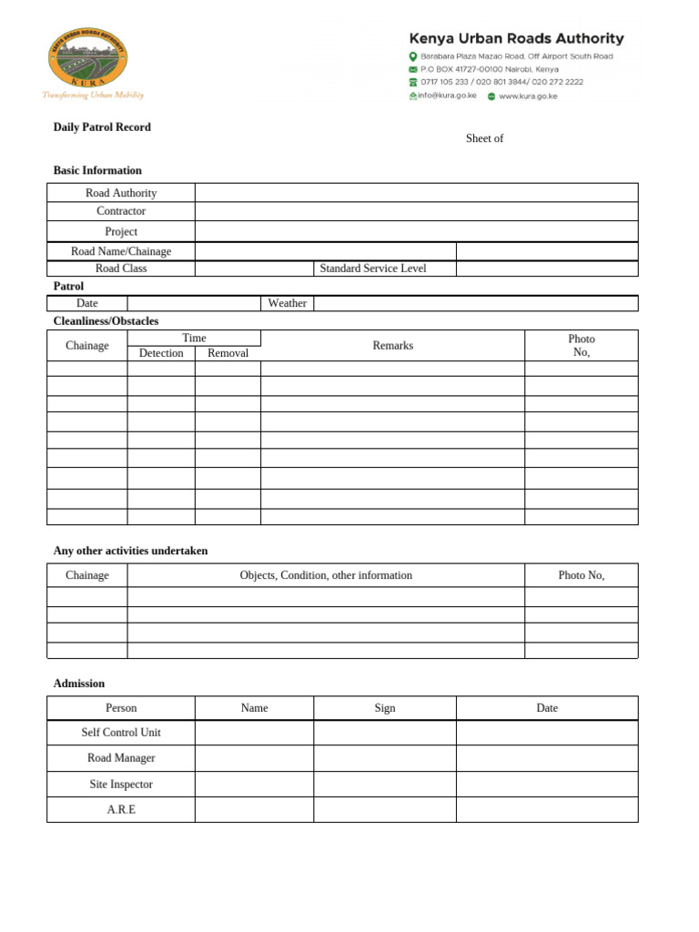 Daily Road Patrol Record Template | PDF