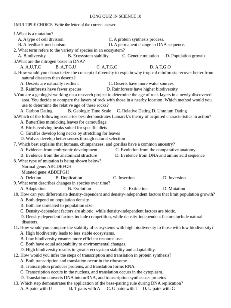 Science 10 Long Quiz Questions | PDF | Translation (Biology) | Gene