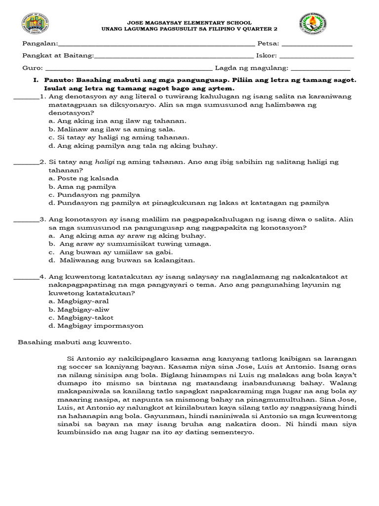 q2 Summative Test 1 Filipino | PDF