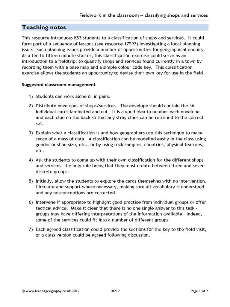 18212 Fieldwork in the Classroom Classifying Shops and Servi | PDF