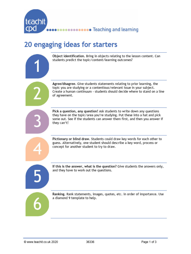 20 Engaging Lesson Starter Ideas | PDF | Learning | Question