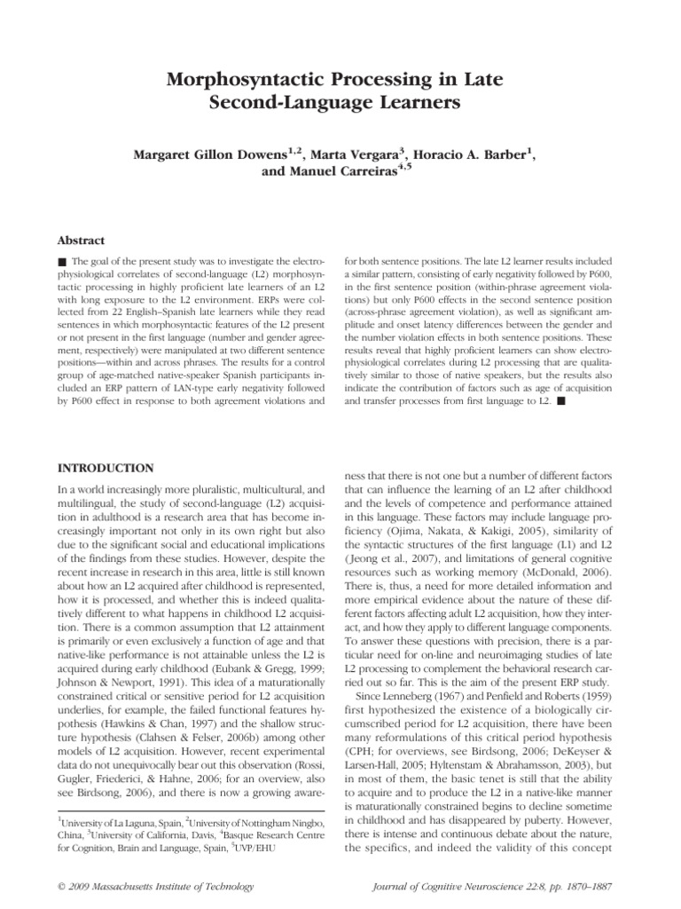 Late L2 Learners' Morphosyntactic Processing | PDF | Second Language ...