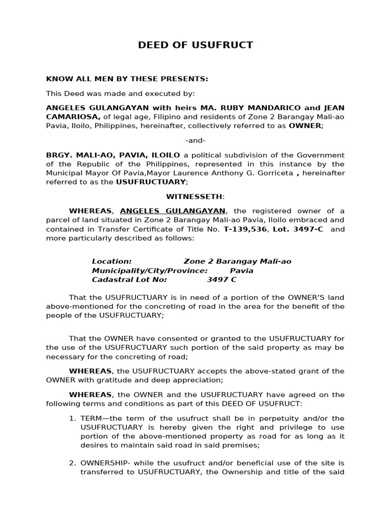 Deed of Usufruct for Road Construction | PDF | Legal Documents | Justice