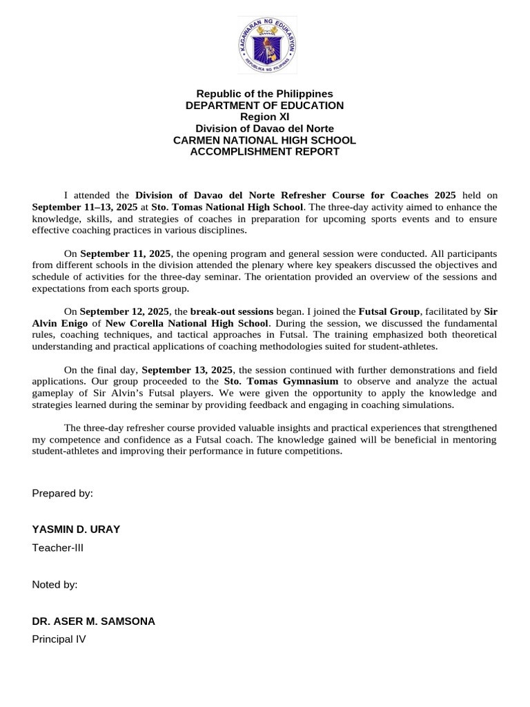 Davao del Norte Coaching Refresher Report | PDF