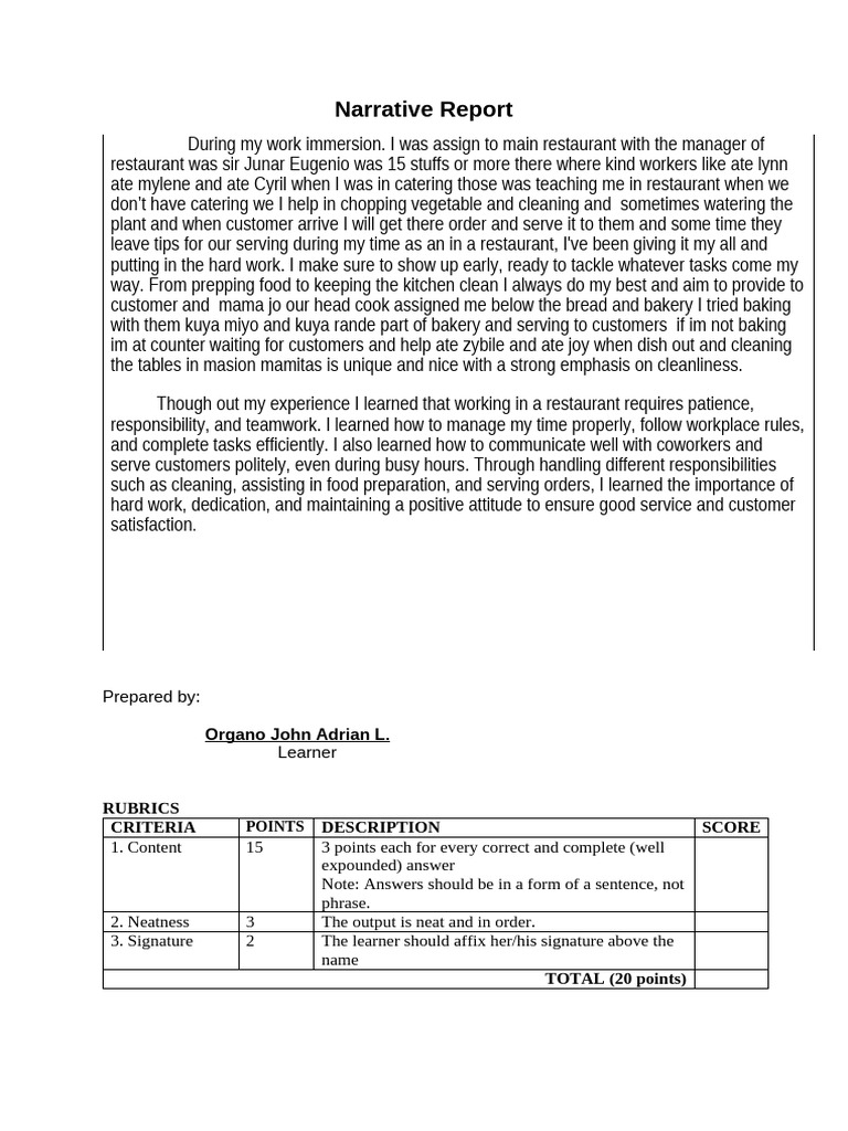 7 Narrative Report - Post | PDF