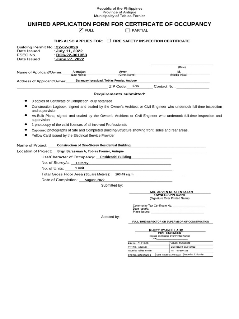 Certificate of Occupancy Application Form | PDF