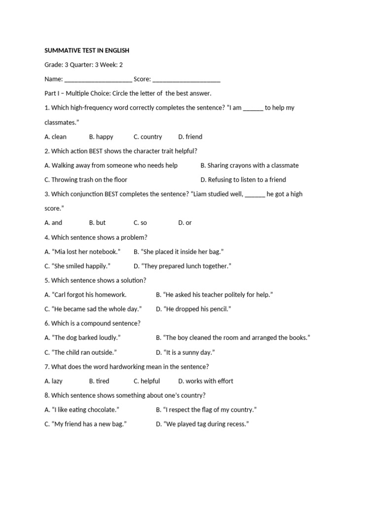 Grade 3 English Summative Test | PDF