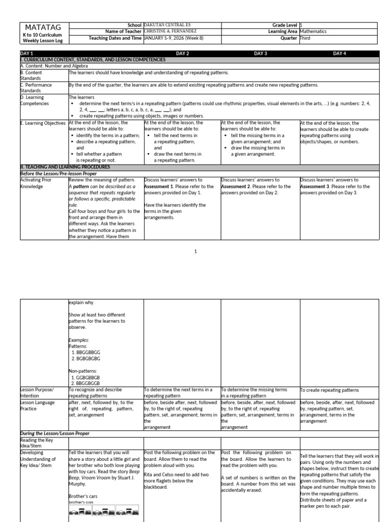 Grade 1 Math: Repeating Patterns Lesson | PDF | Learning | Curriculum