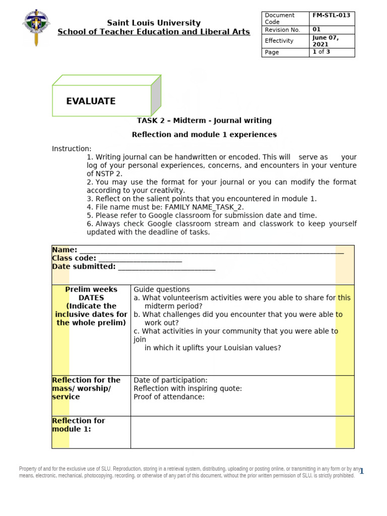 Module 1-Evaluate-Task 2-Prelim Journal Writing (1) | PDF