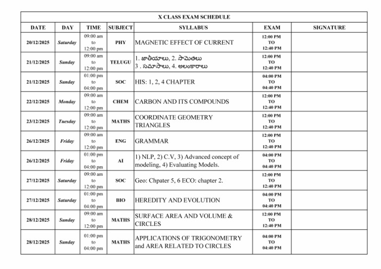 x Class Exam Schedule of Dec 2025 | PDF