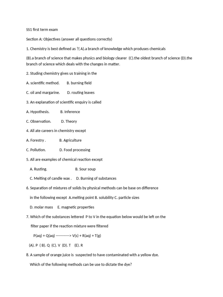 SS1 Chemistry Exam Questions and Answers | PDF | Atoms | Proton
