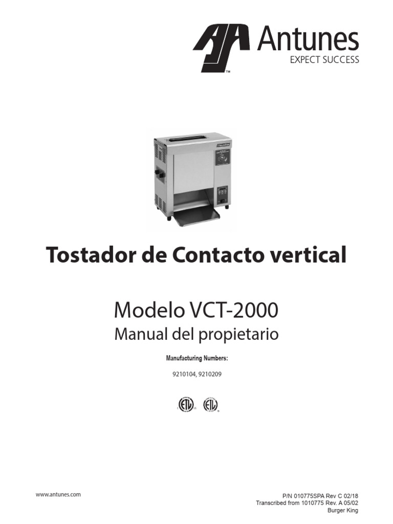 Manual del Tostador VCT-2000 de Antunes | PDF | Enchufes y tomas de ...