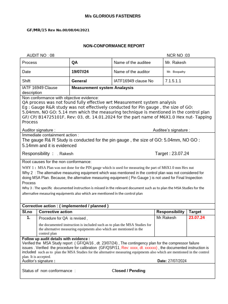 Non-Conformance Report: MSA Issues | PDF | Audit