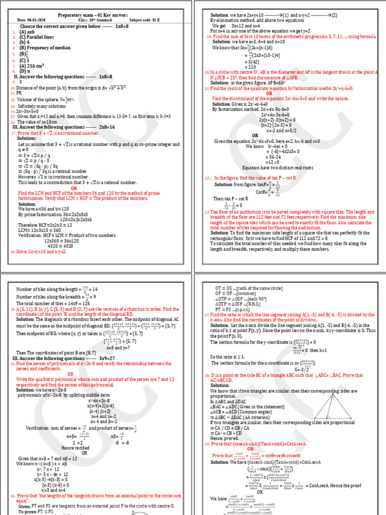 10th Standard Exam Key Answers | PDF | Triangle | Polynomial