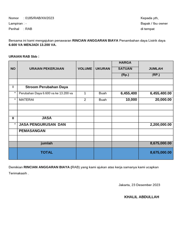 RAB Penambahan Daya Listrik 13.200 VA | PDF