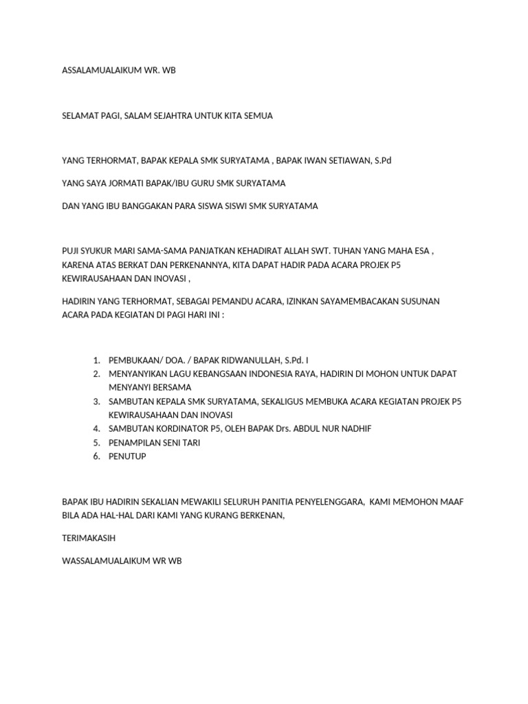 Acara Projek P5 Kewirausahaan SMK Suryatama | PDF