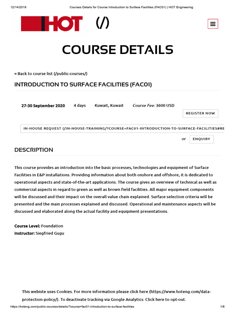 Courses Details For Course Introduction To Surface Facilities (FAC01 ...