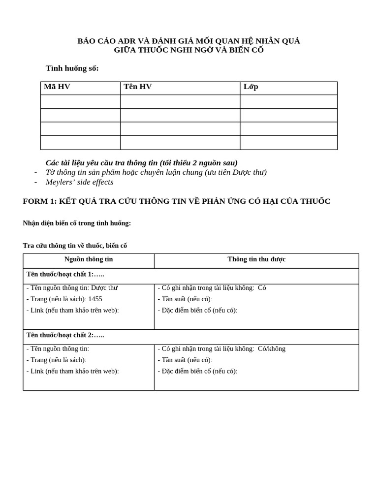 MẪU BÁO CÁO PHẢN ỨNG CÓ HẠI CỦA THUỐC FILE WORD TIỆN LỢI SỬ DỤNG
