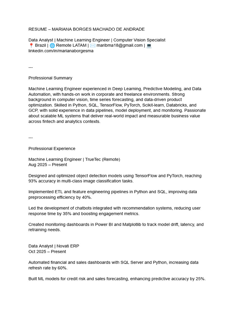 Data Analyst & ML Engineer Resume | PDF | Machine Learning ...