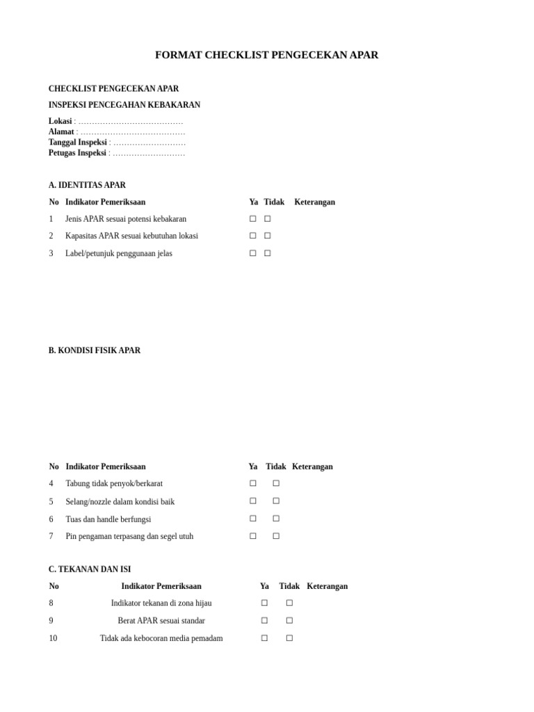 Checklist Inspeksi APAR Lengkap | PDF