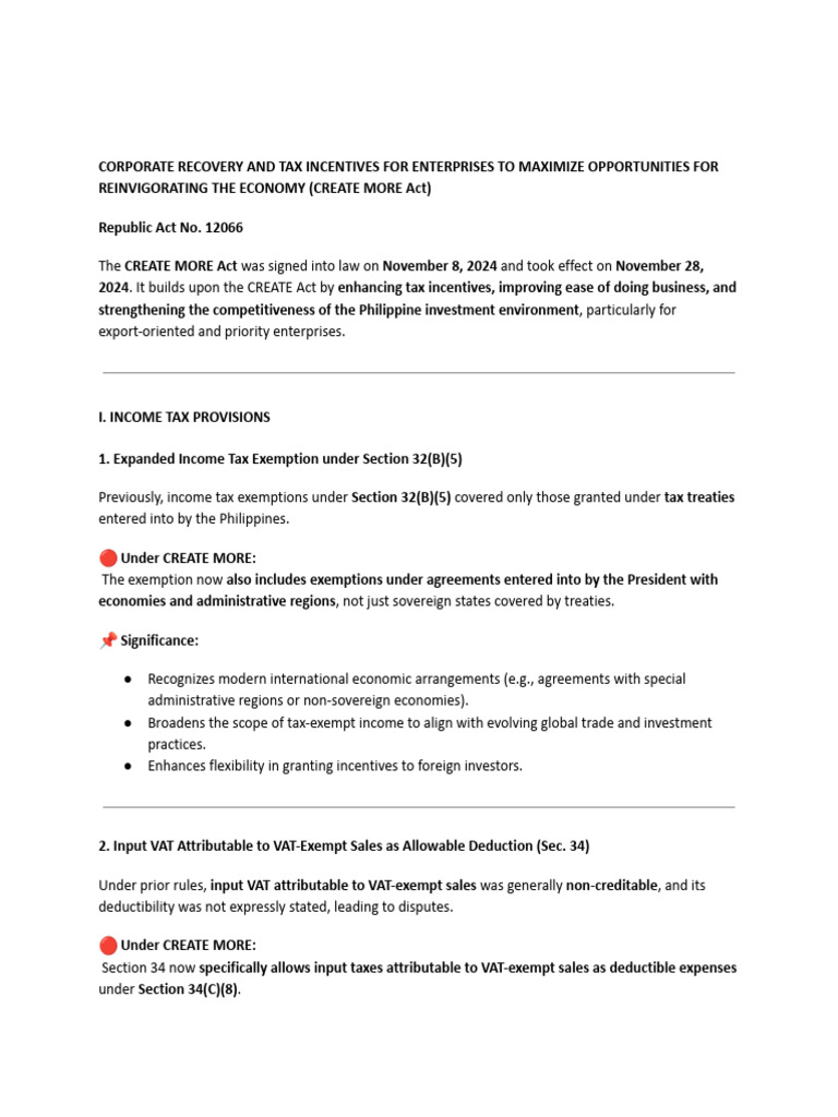 CREATE MORE Act: Tax Incentives Overview | PDF | Taxes | Value Added Tax