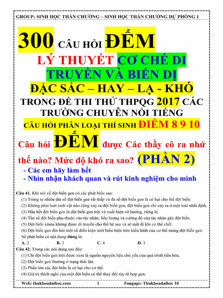 Bản Sao Của 300 (So Dem Hay La Kho) Cau Hoi Co Che Di Truyen Va Bien Di ...