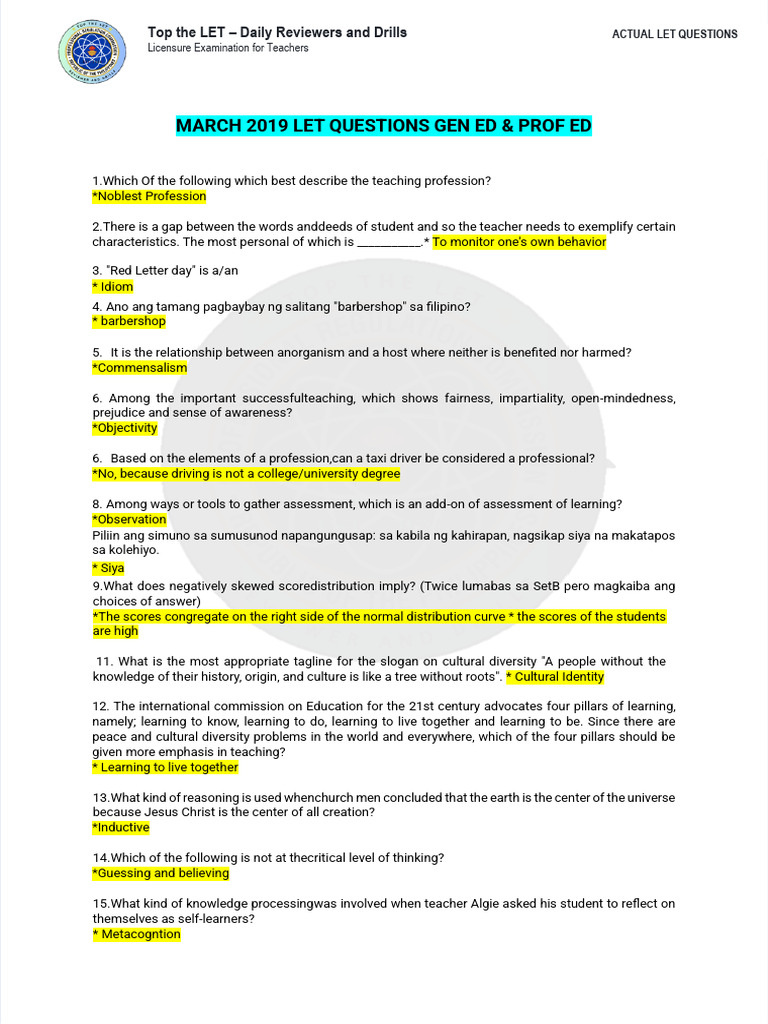 LET Review Questions for Teachers 2019 | PDF | Learning