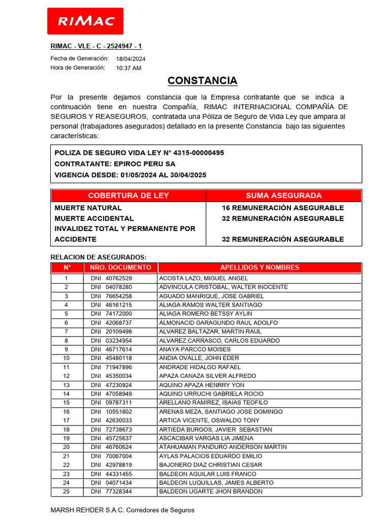 Póliza de Seguro de Vida EPIROC 2024 | PDF | Seguro | Reaseguro