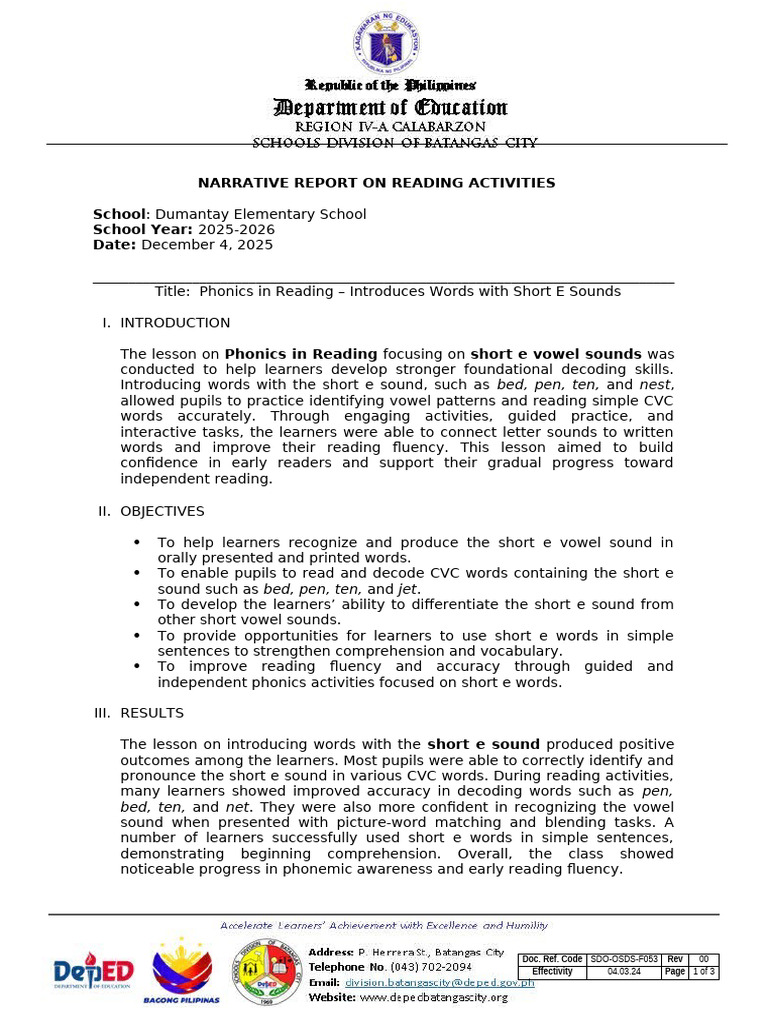 Narrative-Report-on-Reading-Activities | PDF | Phonics | Learning Methods