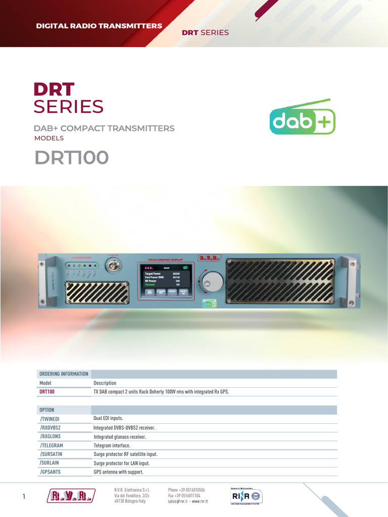 DRT100: 100W DAB+ Transmitter Specs | PDF | Transmitter | Radio