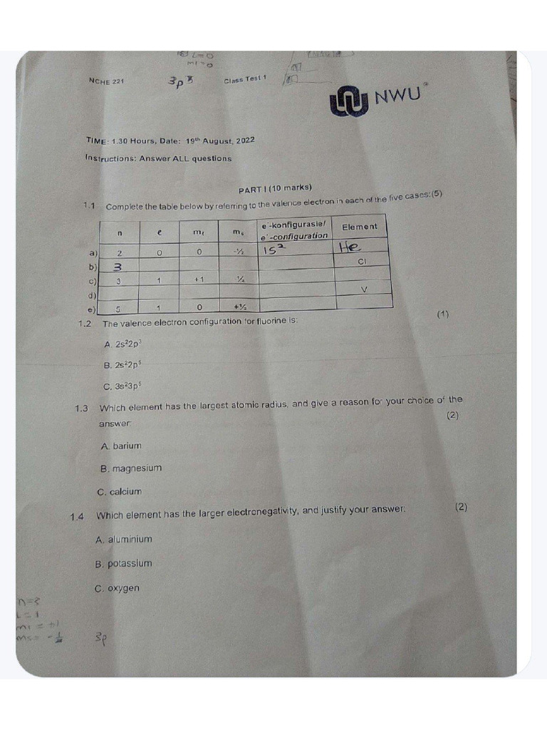Nche221 Test 1 2022 | PDF