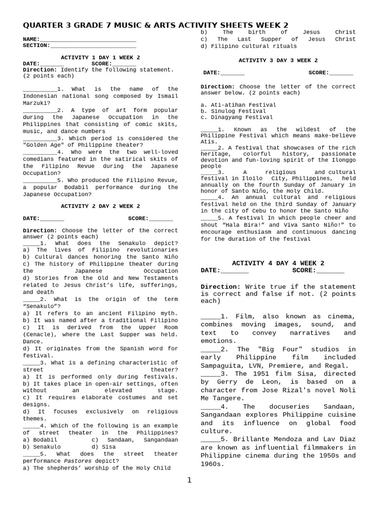 Activity Sheets in Music and Arts 7 Week 2 q3 | PDF | Philippines