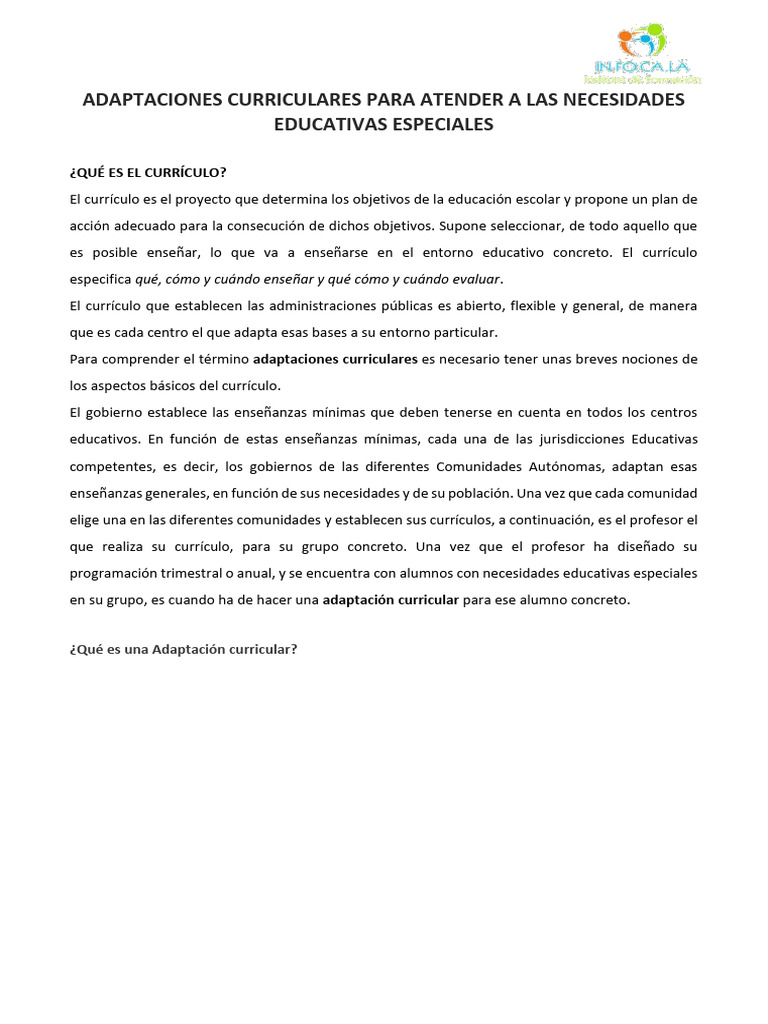 Adaptaciones Curriculares para NEE | PDF | Plan de estudios | Evaluación