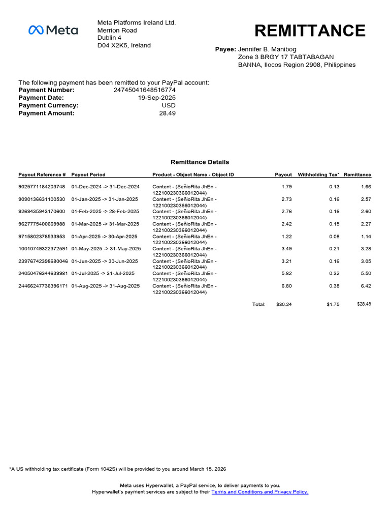 Meta Platforms Payment Remittance Details | PDF | Payments | Economies
