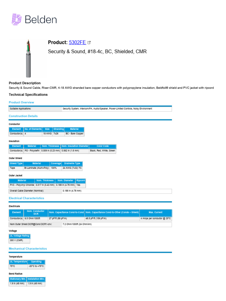 Beldfoil Shielded Security Cable 5302FE | PDF | Electrical Conductor ...