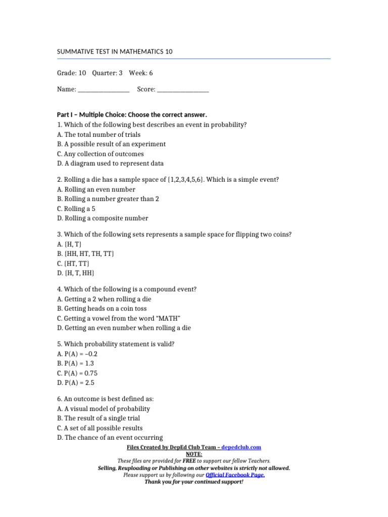 Math 10 Summative Test on Probability | PDF | Probability | Mathematics