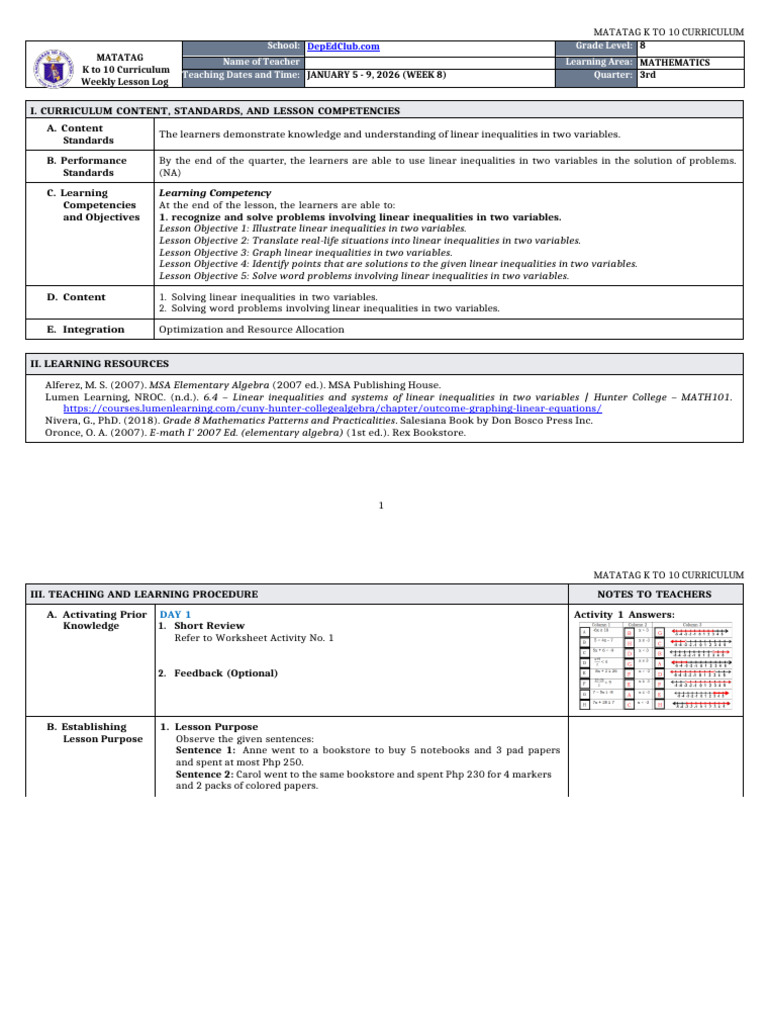 Grade 8 Linear Inequalities Lesson Plan | PDF | Equations | Inequality ...