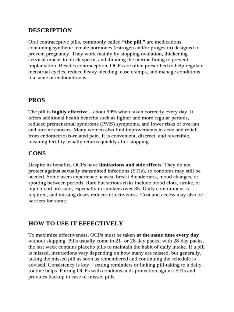 Oral Contraceptive Pills: Benefits & Use | PDF