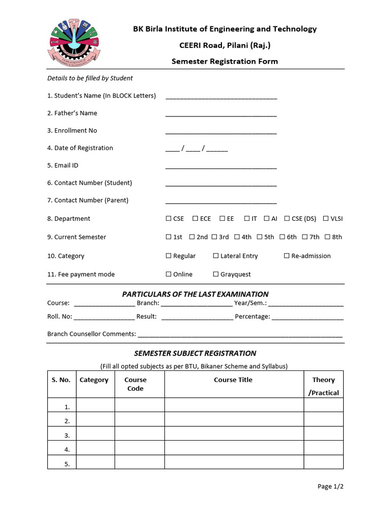 BK Birla Institute Semester Registration Form | PDF