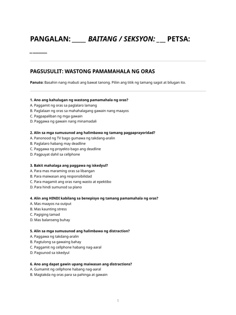 Printable Worksheet - Wastong Pamamahala NG Oras (Grade 9) | PDF