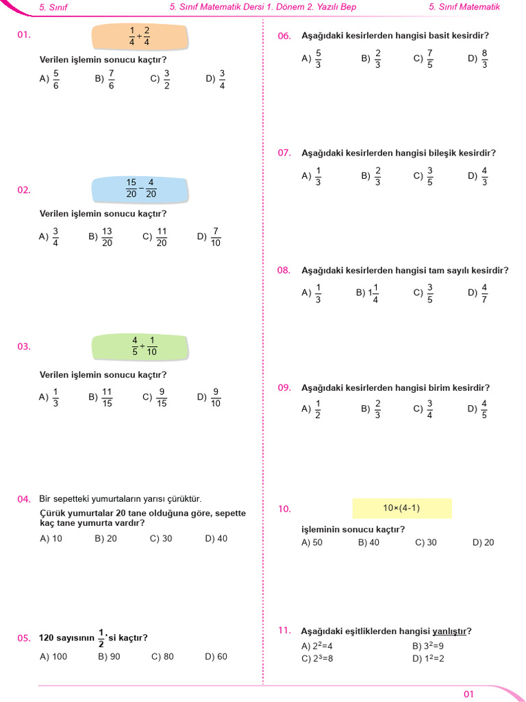 5 Sinif Matematik 1 Donem 2 Yazili Bep 2021 2022 Yeni | PDF