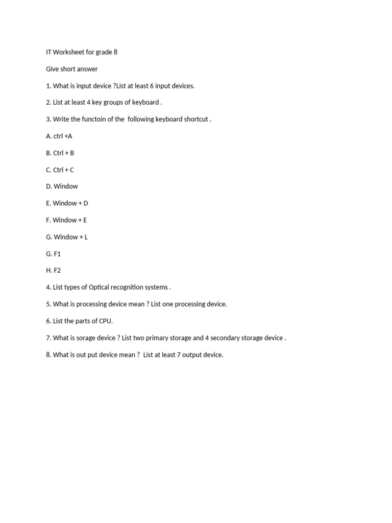 Grade 8 IT Worksheet: Input & Output Devices | PDF