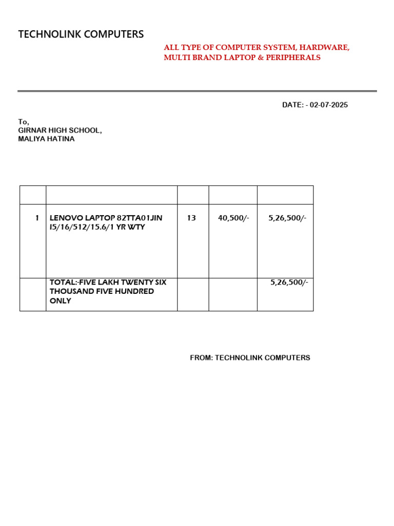 Lenovo Laptop Quotation for Girnar High School | PDF