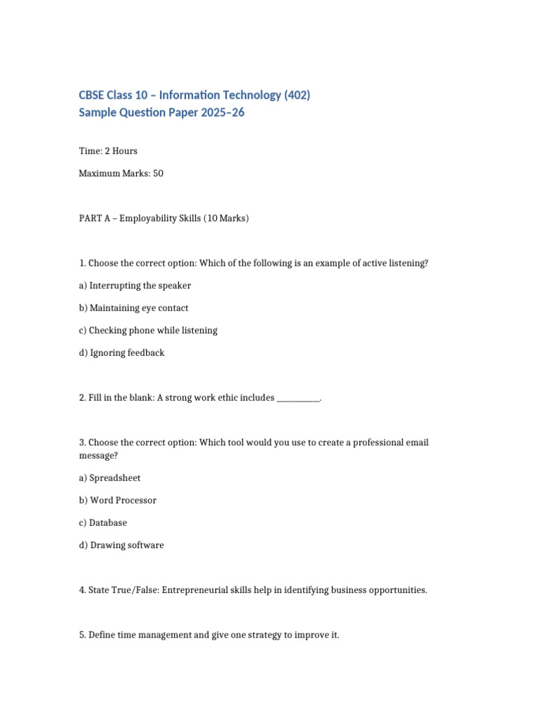 CBSE Class 10 IT Sample Paper 2025-26 | PDF | Table (Database) | Databases