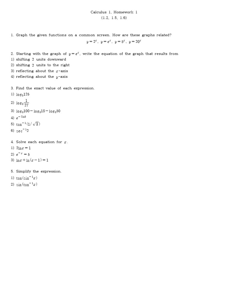 Calculus 1 Homework: Graphs and Equations | PDF