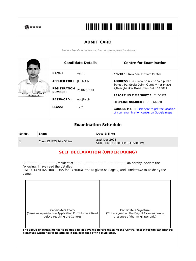 JEE Main Admit Card Instructions 2025 | PDF