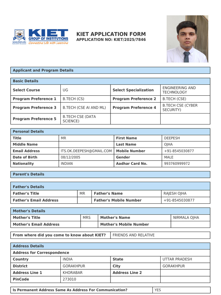 Application Form KIET 2025 7846 | PDF | Qualifications | Student ...