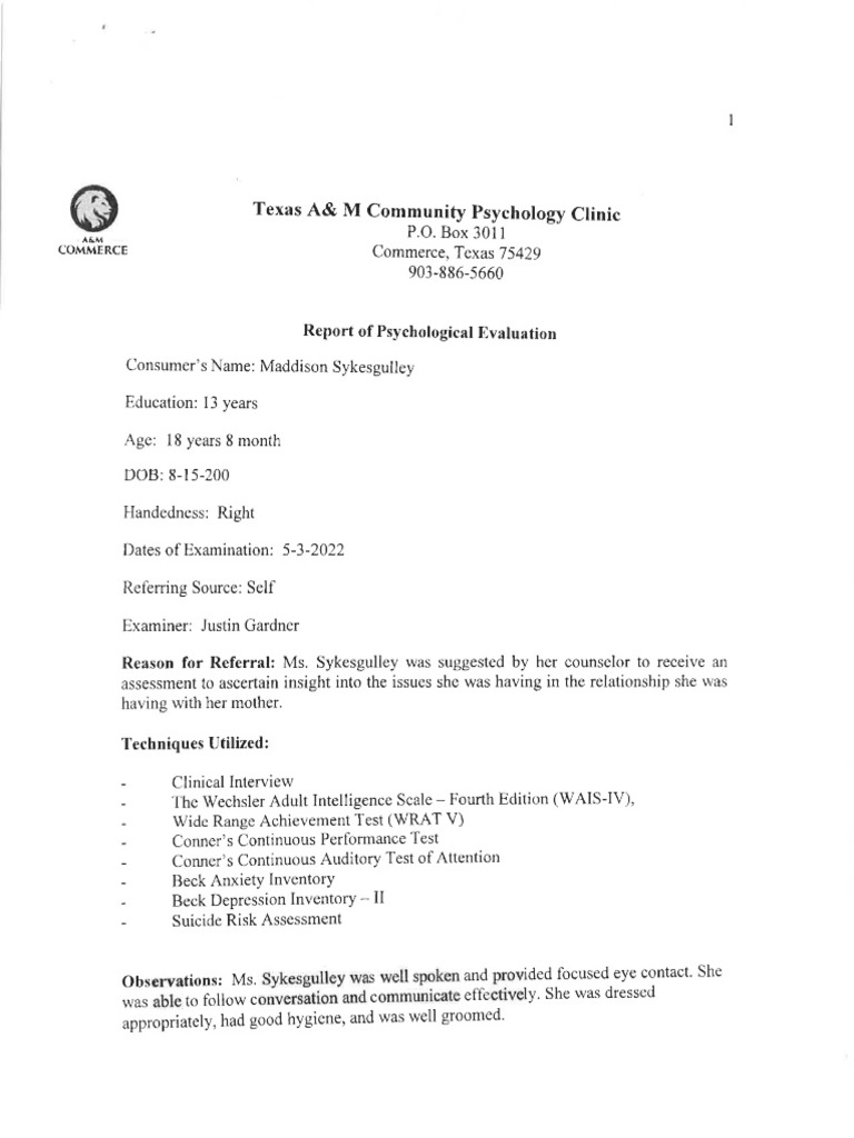 Naddison Sykes-Gulley Texas a&M Psych Clinic Report | PDF