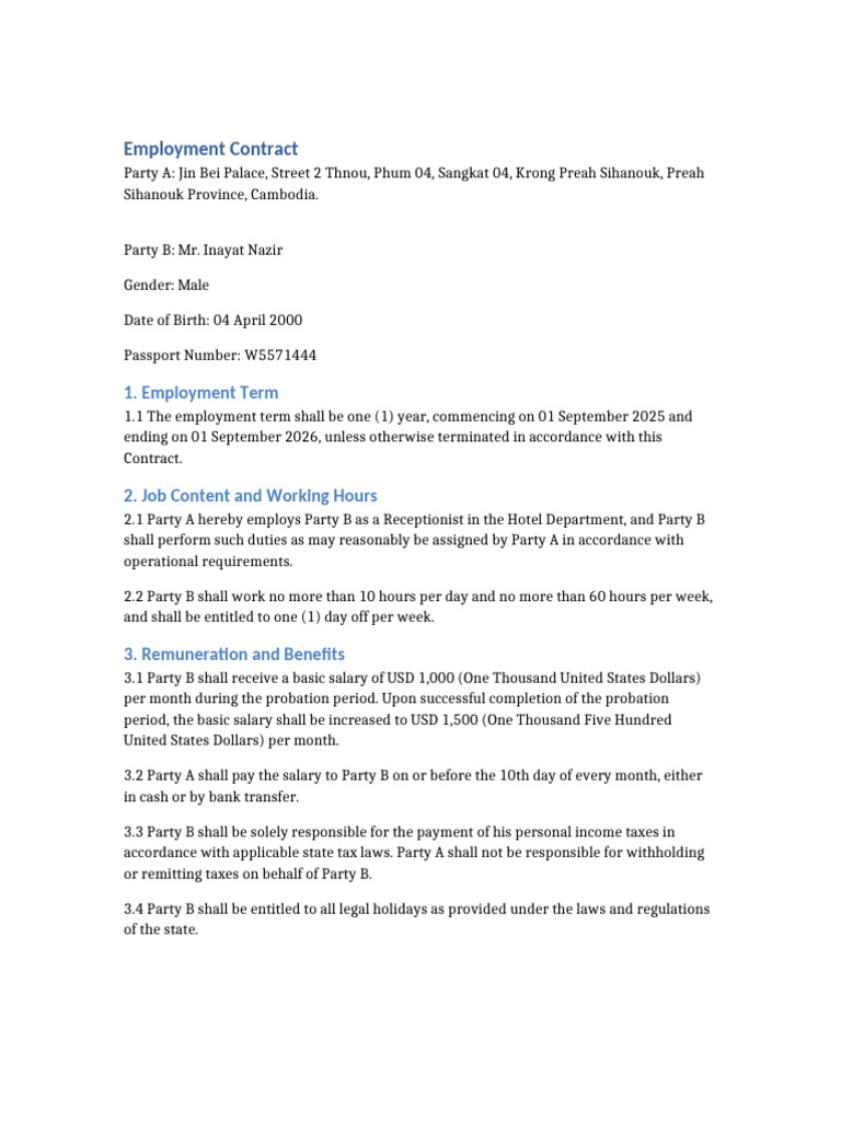 Employment Contract for Receptionist Role | PDF | Salary | Private Law